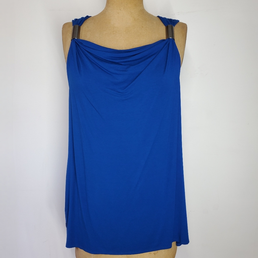 Kenneth Cole Size M Cami Tank Top Blouse Strap Detail Blue Jersey Cowl Neck